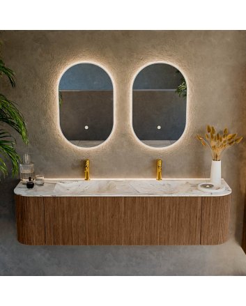 Mondiaz Kurve-Dlux 170cm badmeubel ronding Links + Rechts kleur Walnut met 1 lade en 2 deuren. Wastafel Leaf Dubbel 2 kraangaten Glace.