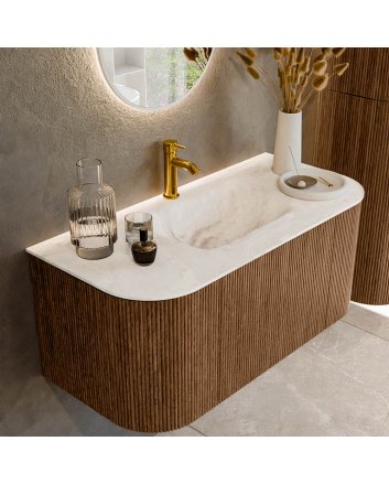 Mondiaz Kurve-Dlux 100cm badmeubel ronding Links + Rechts kleur Walnut met 1 lade en 2 deuren. Wastafel Grunne Midden 1 kraangat Frappe.