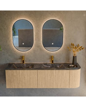 Mondiaz Kurve-Dlux 155cm badmeubel ronding Rechts kleur Oak met 2 lades en 1 deur. Wastafel Leaf Dubbel / Links 2 kraangaten Lava.