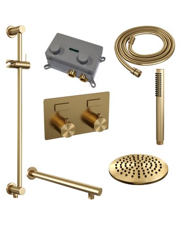 BRAUER Gold Edition thermostatische inbouw regendouche met drukknoppen SET 61 met 20 cm douchekop en rechte muurarm en staaf handdouche en doucheslang en geïntegreerde glijstang goud geborsteld PVD