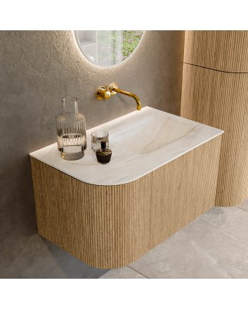 Mondiaz Kurve-Dlux 75cm badmeubel ronding Links kleur Oak met 1 lade en 1 deur. Wastafel Grunne Rechts zonder kraangat Ostra.