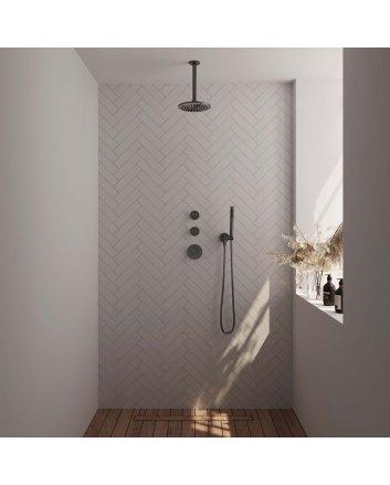 BRAUER Gunmetal Carving thermostatische inbouw regendouche SET 05 met 20 cm douchekop en plafondarm en staaf handdouche en doucheslang en wandaansluitbocht gunmetal geborsteld PVD