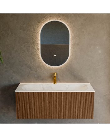 Mondiaz Kurve-Dlux 110cm badmeubel kleur Walnut met 1 lade en 0 deuren. Wastafel Big medium Midden 1 kraangat Ostra.