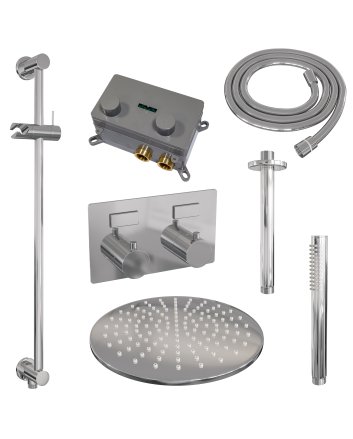 BRAUER Chrome Edition thermostatische inbouw regendouche met drukknoppen SET 66 met 30 cm douchekop en plafondarm en staaf handdouche en doucheslang en geïntegreerde glijstang chroom