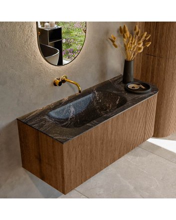 Mondiaz Kurve-Dlux 115cm badmeubel ronding Rechts kleur Walnut met 1 lade en 1 deur. Wastafel Big small Links zonder kraangat Lava.