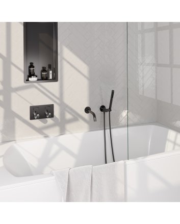 BRAUER Gunmetal Carving thermostatische inbouw badkraan met drukknoppen SET 03 met uitloop en staaf handdouche en doucheslang en wandaansluitbocht gunmetal geborsteld PVD