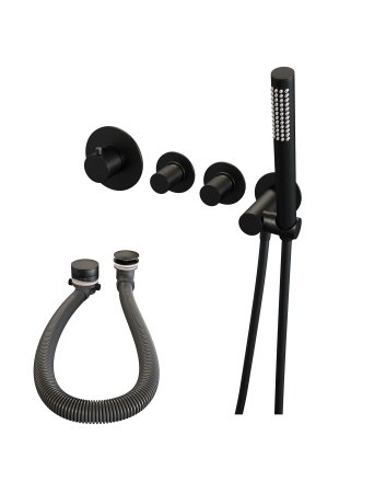 BRAUER Black Carving thermostatische inbouw badkraan SET 01 met badvulcombinatie en staaf handdouche en doucheslang en wandaansluitbocht mat zwart
