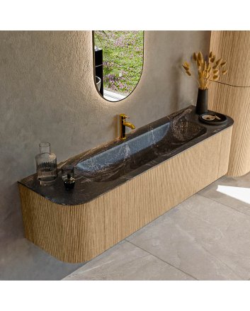 Mondiaz Kurve-Dlux 170cm badmeubel ronding Links + Rechts kleur Oak met 1 lade en 2 deuren. Wastafel Big large Midden 1 kraangat Lava.