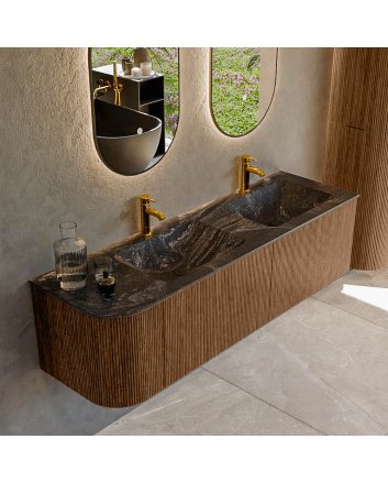 Mondiaz Kurve-Dlux 155cm badmeubel ronding Links kleur Walnut met 2 lades en 1 deur. Wastafel Leaf Dubbel / Rechts 2 kraangaten Lava.