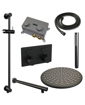 BRAUER Black Carving thermostatische inbouw regendouche met drukknoppen SET 62 met 30 cm douchekop en rechte muurarm en staaf handdouche en doucheslang en geïntegreerde glijstang mat zwart