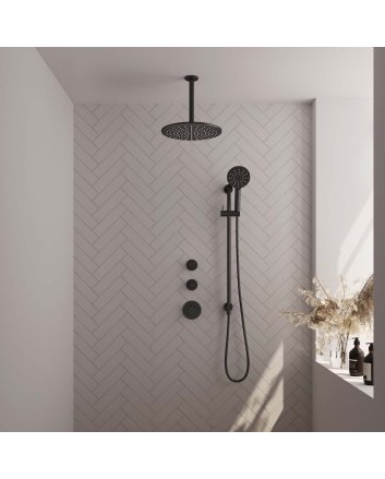 BRAUER Black Edition thermostatische inbouw regendouche SET 24 met 30 cm douchekop en plafondarm en 3-standen handdouche en doucheslang en geïntegreerde glijstang mat zwart