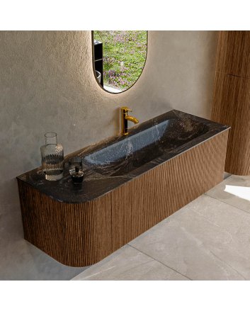 Mondiaz Kurve-Dlux 135cm badmeubel ronding Links kleur Walnut met 1 lade en 1 deur. Wastafel Big medium Rechts 1 kraangat Lava.