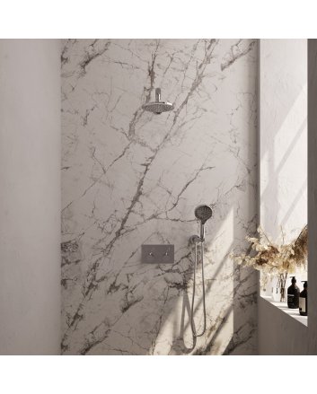 BRAUER Chrome Edition thermostatische inbouw regendouche met drukknoppen SET 55 met 20 cm douchekop en rechte muurarm en 3-standen handdouche en doucheslang en wandaansluitbocht chroom