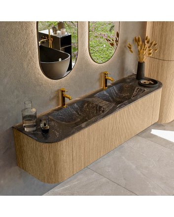 Mondiaz Kurve-Dlux 170cm badmeubel ronding Links + Rechts kleur Oak met 1 lade en 2 deuren. Wastafel Leaf Dubbel 2 kraangaten Lava.