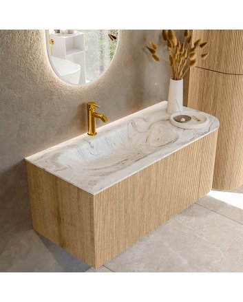 Mondiaz Kurve-Dlux 105cm badmeubel ronding Rechts kleur Oak met 1 lade en 1 deur. Wastafel Big small Links 1 kraangat Glace.