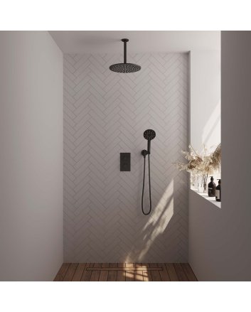 BRAUER Black Edition thermostatische inbouw regendouche 3-weg omstelling SET 36 met 30 cm douchekop en plafondarm en 3-standen handdouche en doucheslang en wandaansluitbocht mat zwart