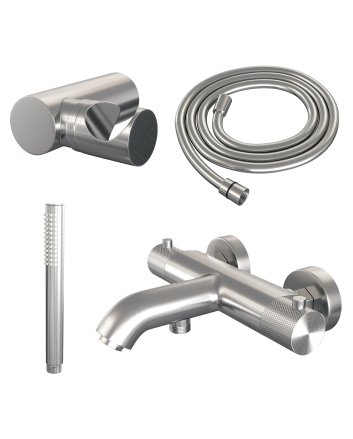 BRAUER Brushed Carving opbouw baddouche thermostaatkraan SET 03 met wandhouder en staaf handdouche en doucheslang RVS geborsteld PVD