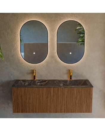 Mondiaz Kurve-Dlux 120cm badmeubel kleur Walnut met 1 lade en 0 deuren. Wastafel Leaf Dubbel 2 kraangaten Lava.