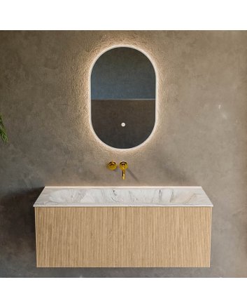 Mondiaz Kurve-Dlux 110cm badmeubel kleur Oak met 1 lade en 0 deuren. Wastafel Big medium Midden zonder kraangat Glace.