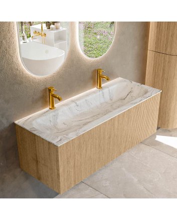 Mondiaz Kurve-Dlux 120cm badmeubel kleur Oak met 1 lade en 0 deuren. Wastafel Big large Midden 2 kraangaten Glace.