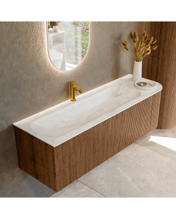 Mondiaz Kurve-Dlux 145cm badmeubel ronding Rechts kleur Walnut met 1 lade en 1 deur. Wastafel Big large Links 1 kraangat Ostra.
