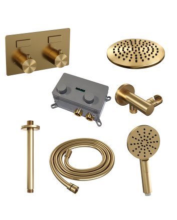 BRAUER Gold Edition thermostatische inbouw regendouche met drukknoppen SET 59 met 20 cm douchekop en plafondarm en 3-standen handdouche en doucheslang en wandaansluitbocht goud geborsteld PVD