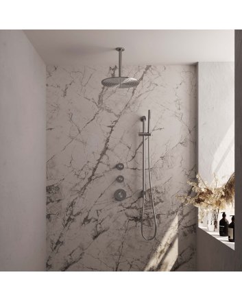 BRAUER Brushed Edition thermostatische inbouw regendouche SET 18 met 30 cm douchekop en plafondarm en staaf handdouche en doucheslang en geïntegreerde glijstang RVS geborsteld PVD