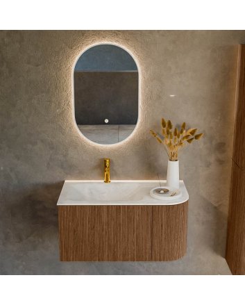 Mondiaz Kurve-Dlux 85cm badmeubel ronding Rechts kleur Walnut met 1 lade en 1 deur. Wastafel Cloud Links 1 kraangat Opalo.