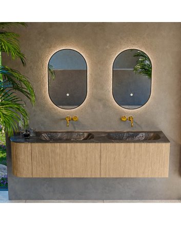 Mondiaz Kurve-Dlux 175cm badmeubel ronding Links kleur Oak met 2 lades en 1 deur. Wastafel Stor small Dubbel / Rechts zonder kraangat Lava.