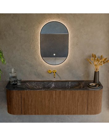 Mondiaz Kurve-Dlux 150cm badmeubel ronding Links + Rechts kleur Walnut met 1 lade en 2 deuren. Wastafel Big medium Midden zonder kraangat Lava.