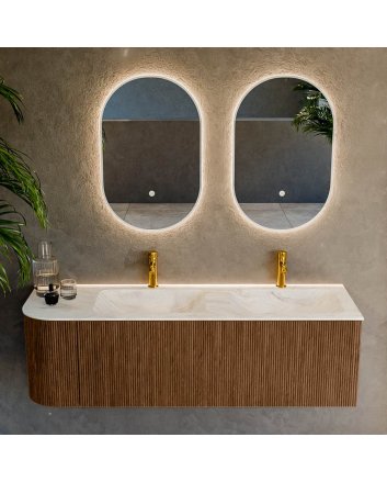 Mondiaz Kurve-Dlux 145cm badmeubel ronding Links kleur Walnut met 1 lade en 1 deur. Wastafel Leaf Dubbel / Rechts 2 kraangaten Ostra.