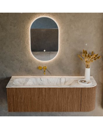 Mondiaz Kurve-Dlux 135cm badmeubel ronding Rechts kleur Walnut met 1 lade en 1 deur. Wastafel Big medium Links zonder kraangat Glace.
