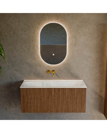 Mondiaz Kurve-Dlux 100cm badmeubel kleur Walnut met 1 lade en 0 deuren. Wastafel Big medium Midden zonder kraangat Opalo.