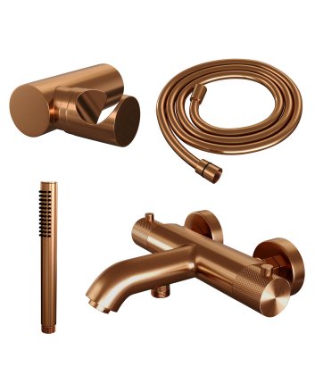 BRAUER Copper Carving opbouw baddouche thermostaatkraan SET 03 met wandhouder en staaf handdouche en doucheslang koper geborsteld PVD