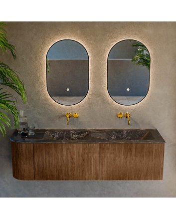 Mondiaz Kurve-Dlux 155cm badmeubel ronding Links kleur Walnut met 2 lades en 1 deur. Wastafel Leaf Dubbel / Rechts zonder kraangat Lava.