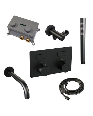 BRAUER Black Edition thermostatische inbouw badkraan met drukknoppen SET 03 met uitloop en staaf handdouche en doucheslang en wandaansluitbocht mat zwart