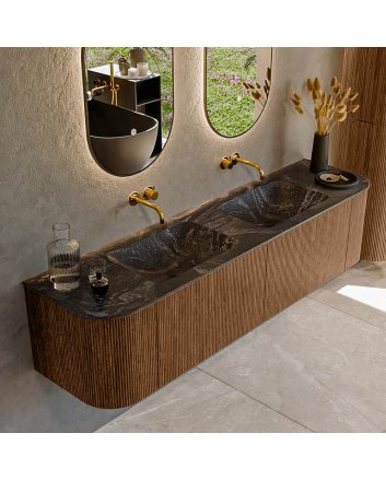 Mondiaz Kurve-Dlux 180cm badmeubel ronding Links + Rechts kleur Walnut met 2 lades en 2 deuren. Wastafel Leaf Dubbel zonder kraangat Lava.