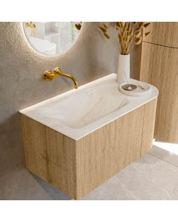 Mondiaz Kurve-Dlux 85cm badmeubel ronding Rechts kleur Oak met 1 lade en 1 deur. Wastafel Cloud Links zonder kraangat Ostra.