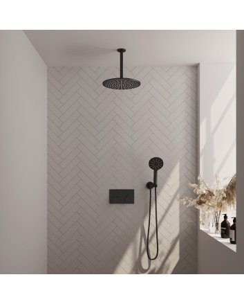 BRAUER Black Edition thermostatische inbouw regendouche met drukknoppen SET 60 met 30 cm douchekop en plafondarm en 3-standen handdouche en doucheslang en wandaansluitbocht mat zwart