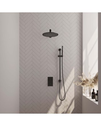 BRAUER Black Edition thermostatische inbouw regendouche 3-weg omstelling SET 38 met 30 cm douchekop en rechte muurarm en staaf handdouche en doucheslang en geïntegreerde glijstang mat zwart