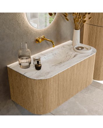 Mondiaz Kurve-Dlux 100cm badmeubel ronding Links + Rechts kleur Oak met 1 lade en 2 deuren. Wastafel Grunne Midden zonder kraangat Glace.