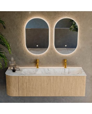 Mondiaz Kurve-Dlux 145cm badmeubel ronding Links kleur Oak met 1 lade en 1 deur. Wastafel Big large Rechts 2 kraangaten Glace.