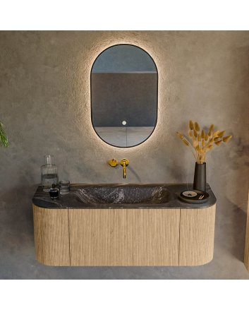 Mondiaz Kurve-Dlux 120cm badmeubel ronding Links + Rechts kleur Oak met 1 lade en 2 deuren. Wastafel Big small Midden zonder kraangat Lava.