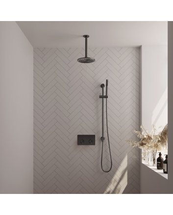 BRAUER Gunmetal Edition thermostatische inbouw regendouche met drukknoppen SET 65 met 20 cm douchekop en plafondarm en staaf handdouche en doucheslang en geïntegreerde glijstang gunmetal geborsteld PVD