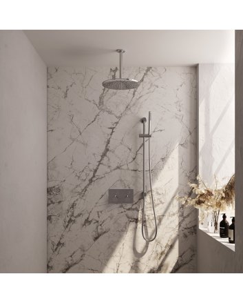 BRAUER Chrome Carving thermostatische inbouw regendouche met drukknoppen SET 66 met 30 cm douchekop en plafondarm en staaf handdouche en doucheslang en geïntegreerde glijstang chroom