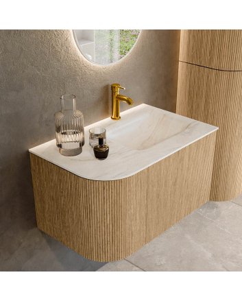 Mondiaz Kurve-Dlux 75cm badmeubel ronding Links kleur Oak met 1 lade en 1 deur. Wastafel Grunne Rechts 1 kraangat Ostra.