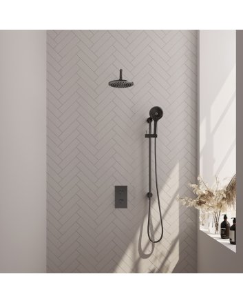 BRAUER Gunmetal Carving thermostatische inbouw regendouche 3-weg omstelling SET 45 met 20 cm douchekop en gebogen muurarm en 3-standen handdouche en doucheslang en geïntegreerde glijstang gunmetal geborsteld PVD