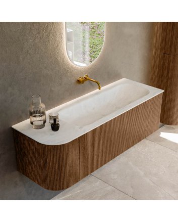 Mondiaz Kurve-Dlux 135cm badmeubel ronding Links kleur Walnut met 1 lade en 1 deur. Wastafel Big medium Rechts zonder kraangat Opalo.