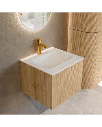 Mondiaz Kurve-Dlux 50cm badmeubel kleur Oak met 1 lade en 0 deuren. Wastafel Grunne Midden 1 kraangat Opalo.