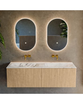 Mondiaz Kurve-Dlux 140cm badmeubel kleur Oak met 2 lades en 0 deuren. Wastafel Stor small Dubbel zonder kraangat Glace.